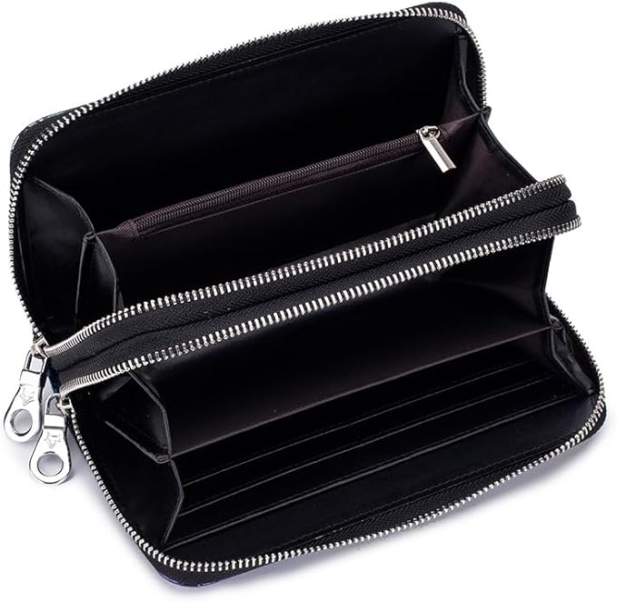 GOIACII Women's Wallet Large Capacity Double Zip Ladies Card Phone Holder RFID Blocking Wristlet Leather