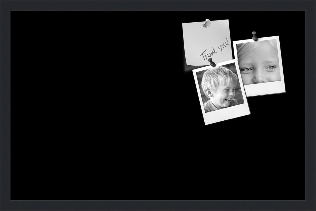 PinPix 28x18 Inch Cork Bulletin Board. This Decorative Framed Pin Board Comes with Solid Black Design and a Satin Black Frame. Ideal for Home Office Decor or Message Board (PinPix-622)