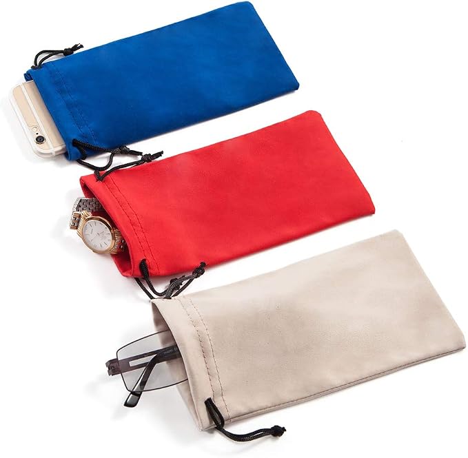 TRIUMPH VISION Glasses Case Soft Eyeglass Case Sunglass Pouch Cloth 3 Pack | Thick Microfiber Pouch Drawstring Pouch Eye Glass Bag Sunglasses Sleeve Storage, Lens Protection Cover,Cleaning Lens Screen