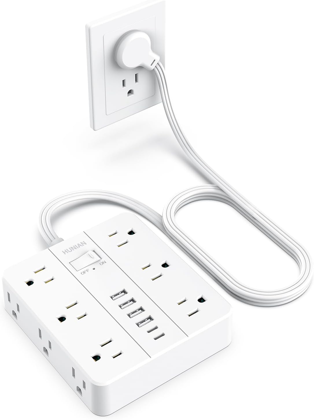 Power Strip with USB Ports, HUNIAN 5Ft Flat Plug Extension Cord Surge Protector, 12 Widely Outlet Extender with 6 USB Charger (2 USB C Ports), Desk Charging Station for Home, Office Supplies