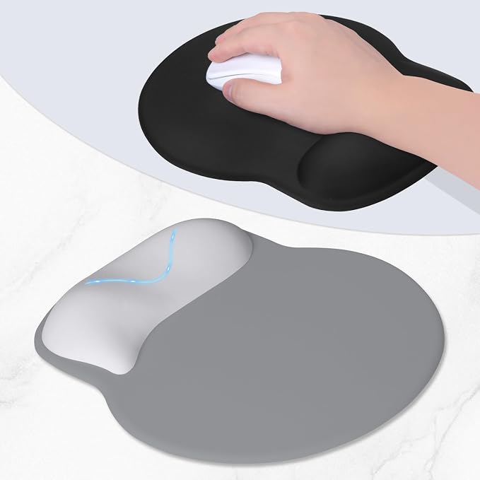 ITNRSIIET Ergonomic Mouse Pad with Wider Memory Foam Wrist Rest +17%, Curved Cushion Reduces Pressure 20%, Pain Relief, Non-Slip, Smooth, Cute Color Desk Accessory, 9.85 x 9 inch, Light Gray Accent