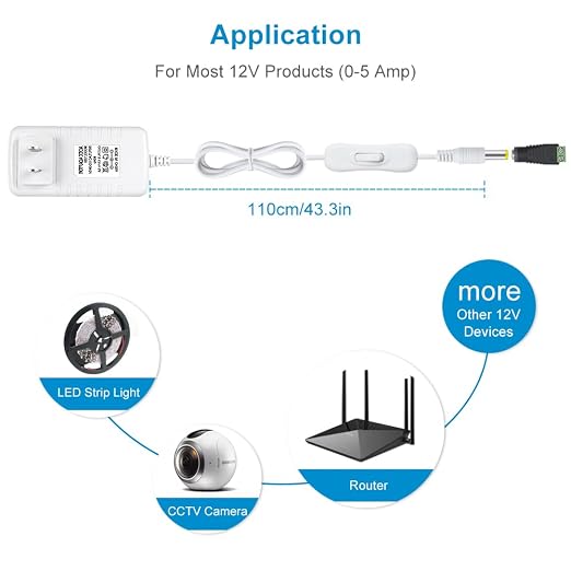 12V Power Supply, 12 Volt 3A 36W DC Power Supply with On Off Switch, White Switching LED Power Adapter, AC 110V to 12V Wall Wart Transformer Plug for LED Strip Lights with 5.5/2.1 DC Female Connector