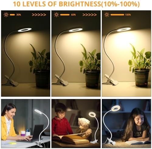 Woputne Desk Lamp Clip on Desk Reading Lights for Books in Bed (White) | With 5V 2A Adapter, 10 Dimmable Brightness 3 Modes, Clip on Light for Reading Home Office,Bed Headboard, Craft