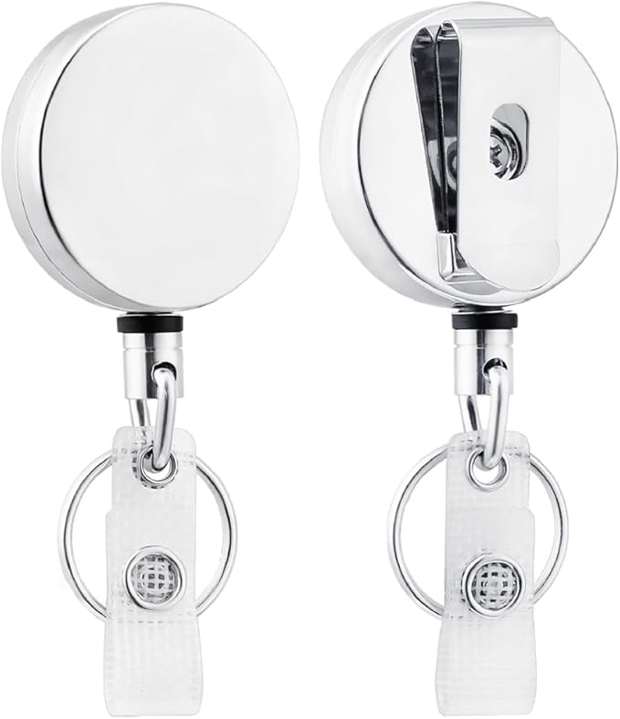 Will Well ID Badge Holder Reel with Clip and Keyring - Heavy-Duty All-Metal Casing with 27.5"UHMWPE Fiber Pull Cord for Durability and Easy Access, Holds up to 8 Keys - 2-Pack, Round, Glossy Silver | ID Badge Holder Reel with Metal Casing with 27.5"UHM...