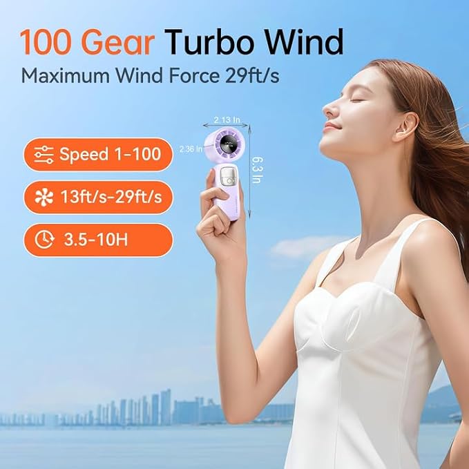 KIMMOO 3-in-1 Portable Handheld Turbo Fan-100 Speeds, 11000 RPM, 10Hrs Cooling, LED Display, 90° Rotation, Small Travel Fan, Mini Foldable Hand Held Personal Fan for Women Men (Purple)