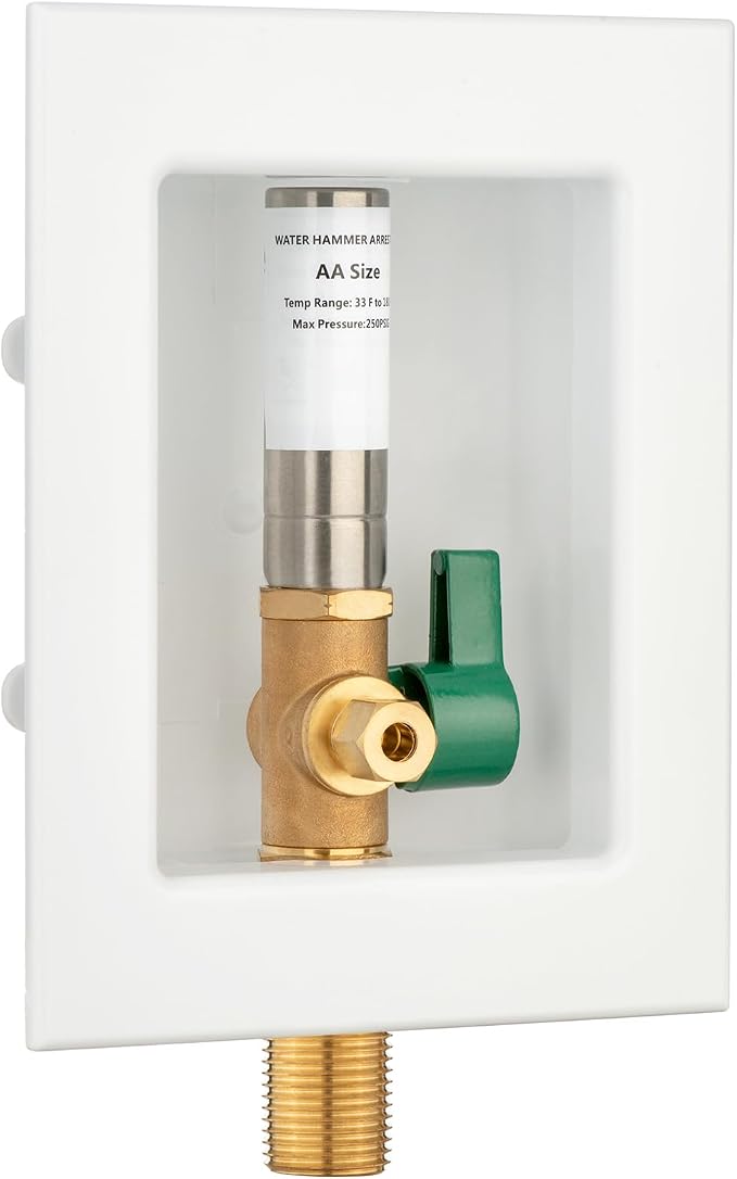 (1 Pack) Lidertik 1/2 NPT Thread or Sweat Pre-Assembled Ice Maker Outlet Box Valve 1/4 inch Recessed Refrigerator Water Line Wall Box with Shut Off Valve and Stainless Steel Water Hammer Arrestor 611