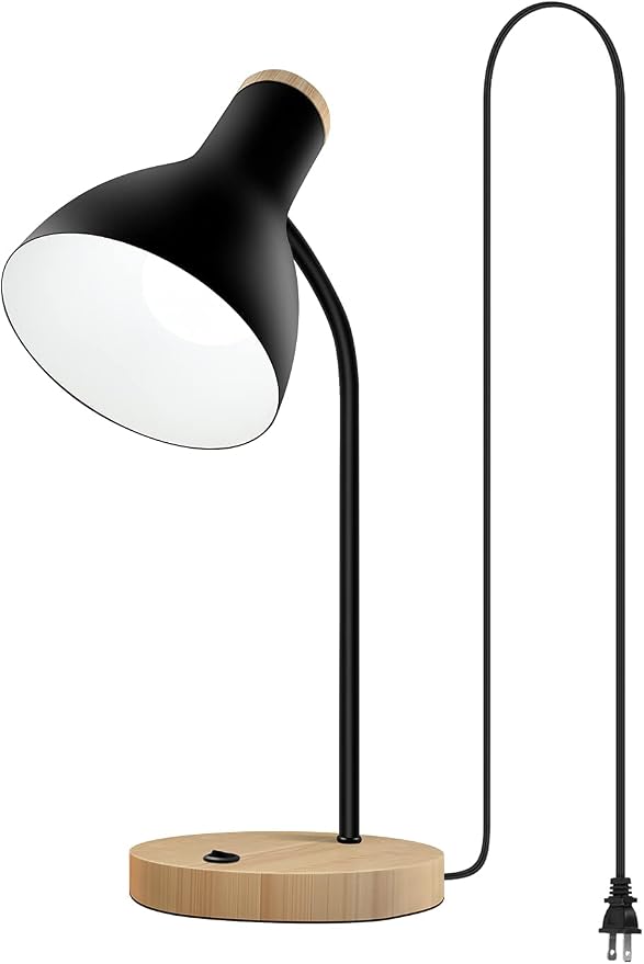 LALISU Metal Desk Lamp Table Lamp Reading Lights Arc Desk Lamps for Bedroom, Wood Base Bedside Lamp with Flexible Gooseneck for Study Room and Office (Wood Base+Black)