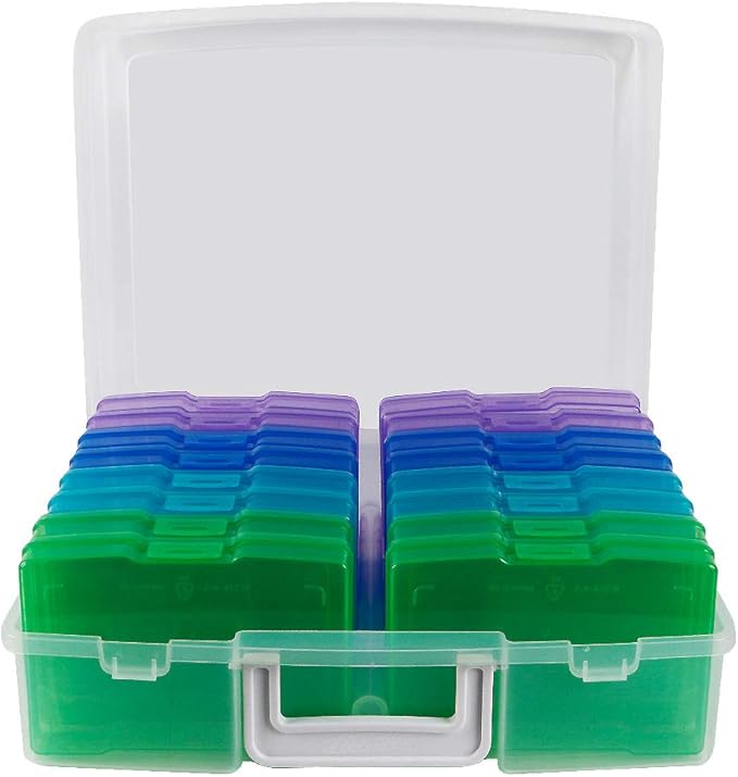 novelinks Transparent 4" x 6" Photo Organizers and Photo Storage Box with Handle, 16 Inner Photo Cases, Portable Picture Organizers & Photo Storage Containers (Cool-Colored)
