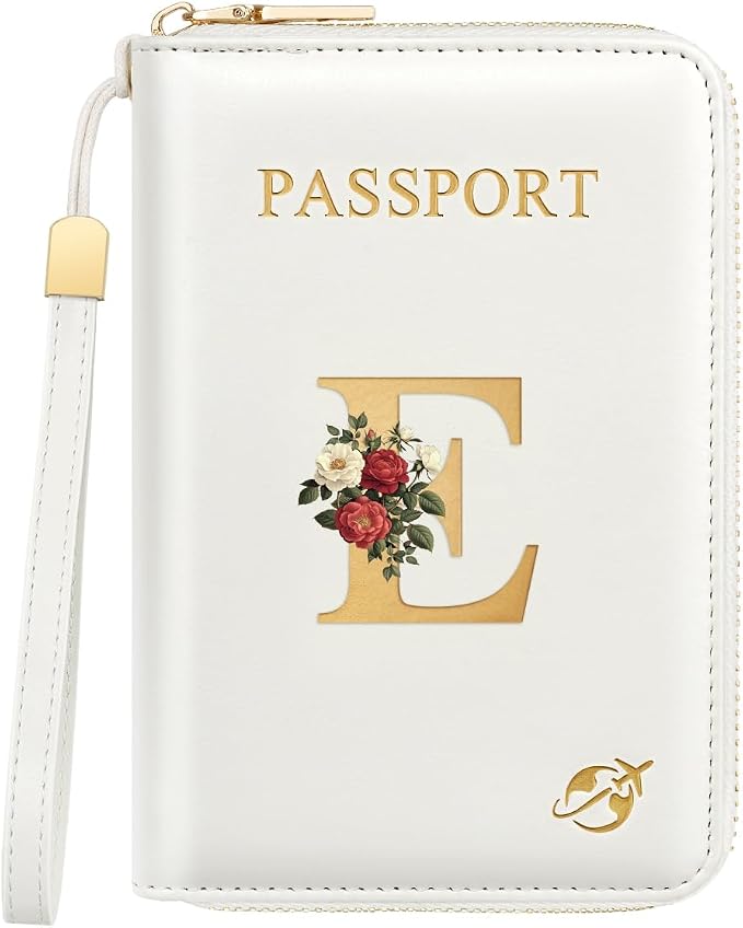 Passport Holder for Travel Personalized Wallet with Wristlet Women | All-in-One Passport Cover, RFID Blocking, Back Coin Pocket, Paper Money Slot, Zipper Closure, Roses Initial Letter, White E