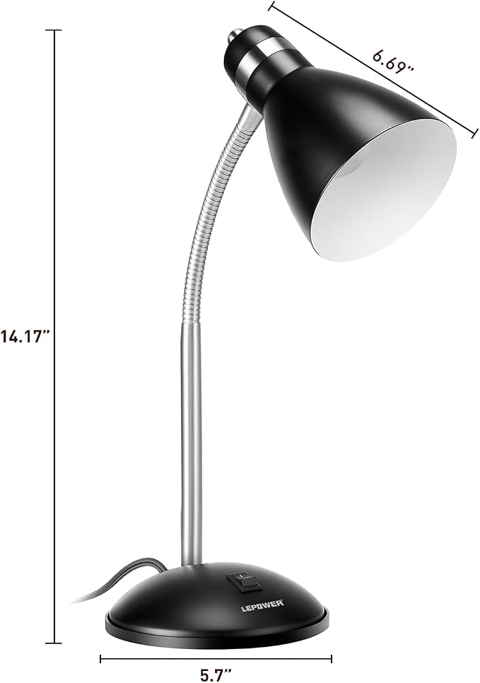 LEPOWER Metal Desk Lamp, Adjustable GooseNeck Reading Light for Bedroom | Compact & Sturdy, Space-Saving for Bedside & Dorm, E26 Table Lamp, Eye-Caring, Ideal for Study, Office, Back to School