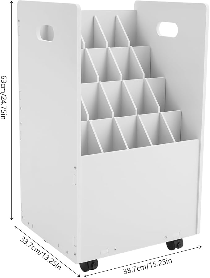 Blue Print Storage Organizer with Wheels, 20 Slots Mobile Blueprint Storage Rack Cart, Construction Plan Holder Roll Files Cart Map Poster Storage Cabinet for Office Home School, White