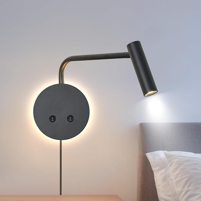 Matte Black Wall Mounted Reading Light, 4000K Flexible Headboard Reading Sconces with On Off Switch Control, Plug in/Hardwired Wall Light Fixtures with Night Light for Bedside Bedroom Bunk
