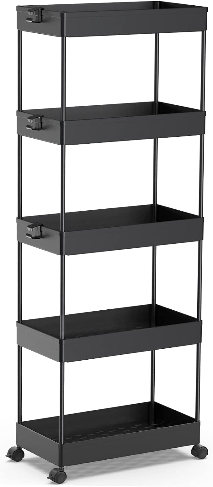 SPACEKEEPER 5 Tier Storage Rolling Cart, Bathroom Cart with Wheels, Black | Mobile Storage Cart for Laundry Room Organization,Kitchen,Office,Bathroom, Utility Cart for Snack,Craft,Art,Makeup,Nail,Toys
