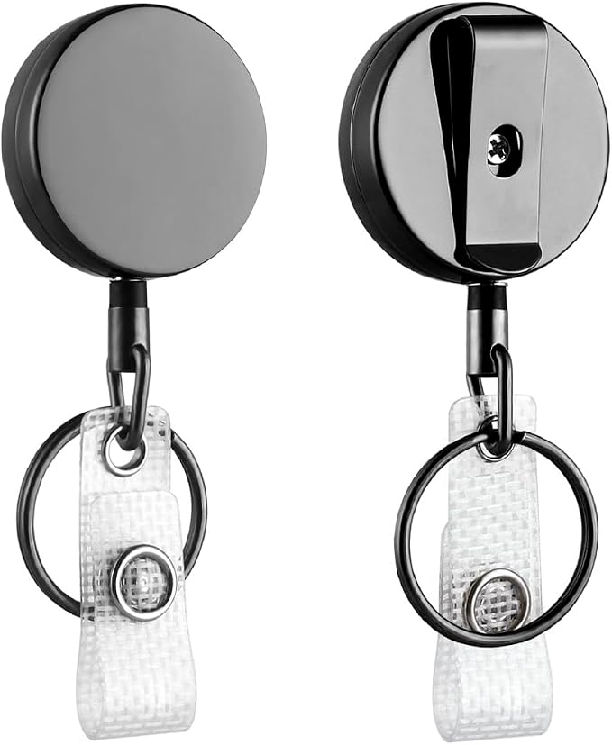 Will Well 2 Pack Retractable Keychain - Heavy Duty Metal Badge Reel - Black | ID Badge Holder Reel with Metal Casing with 27.5"UHMWPE Fiber Pull Cord for Durability and Easy Access - Holds up to 8 Keys