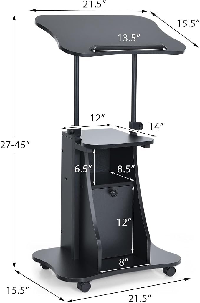 Tangkula Mobile Laptop Podium, Height Adjustable Sit to Stand Desk with Tilting Desktop & Storage Cabinet, Ergonomic Rolling Lectern Cart Laptop Desk, Office Podium Stand on Wheels