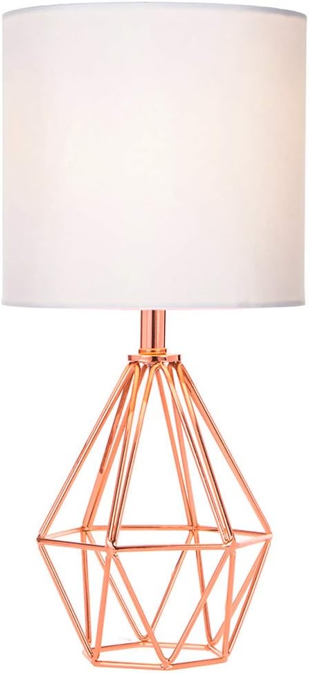 Rose Gold Bedside Table Lamp,Modern Small Desk Lamp with TC Fabric Shade Geometric Metal Base for Kids Living Room Bedroom Nightstand