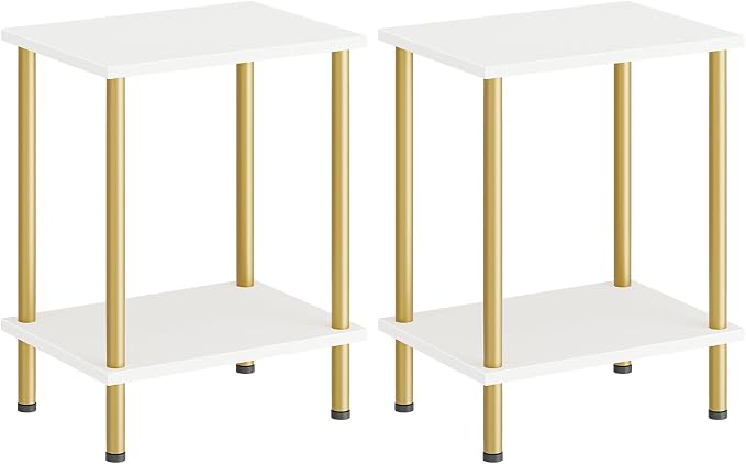 HOOBRO End Tables Set of 2, Small Side Table, Nightstand with 2-Layer Storage Shelves, Sofa Table for Small Spaces, Living Room, Bedroom, Stable Frame, Easy Assembly, White and Gold DW09BZP201
