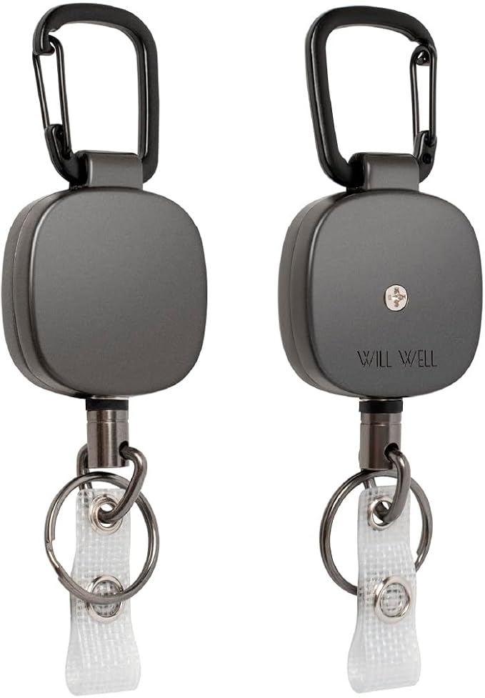Will Well ID Badge Holder Reel with Clip and Keyring - Heavy-Duty All-Metal Casing with 27.5"UHMWPE Fiber Pull Cord for Durability and Easy Access, Holds up to 8 Keys - 2-Pack, Square, Matte Black | ID Badge Holder Reel with Metal Casing with 27.5"UHMW...