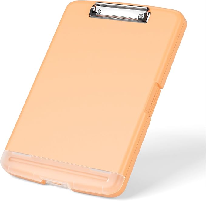 Rimilak Clipboard with Storage, 8.5 x 11'' High Capacity Clip Board, Orange | Smooth Writing, Side-Opening Plastic Folder with Pen Holder, Size 14.2 x 9.6 x 1.2″ ,for Classroom, Teacher, Student