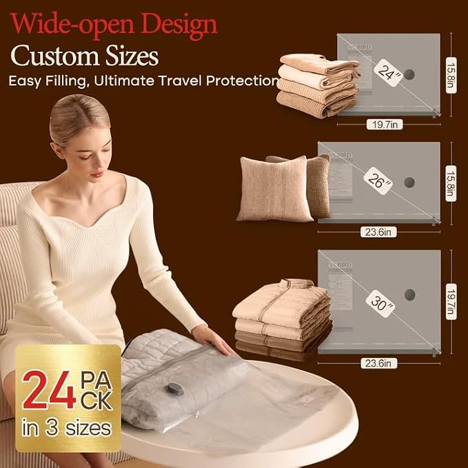 Vacbird Travel Vacuum Bags with Pump, Carry-On Luggage Space Saver | See Contents Easily with Transparent Bags, 1500mAh Pump Compresses 90+ Bags, Carry-On Size for Easy Travel Packing