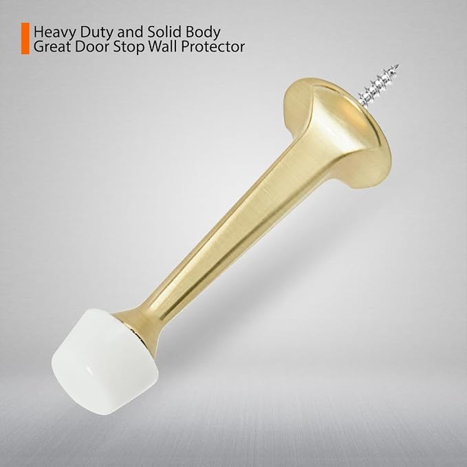 2 Pack Gold Solid Rigid Door Stops - Heavy Duty Door Stoppers Wall Protector with Soft Rubber Tips, Brushed Brass