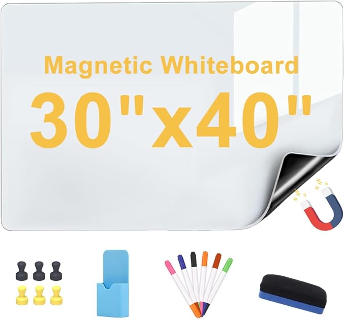 Magnetic Dry Erase Whiteboard 30"x40" for Fridge | Dry erase white board for fridge set with markers, eraser & magnets. Magnetic sheet sticks to fridge whiteboard