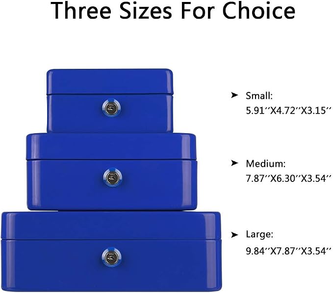 KYODOLED Cash Box with Money Tray,Storage Safe Lock Box with Key,Cash Drawer,7.87"x 6.30"x 3.54" Blue Medium