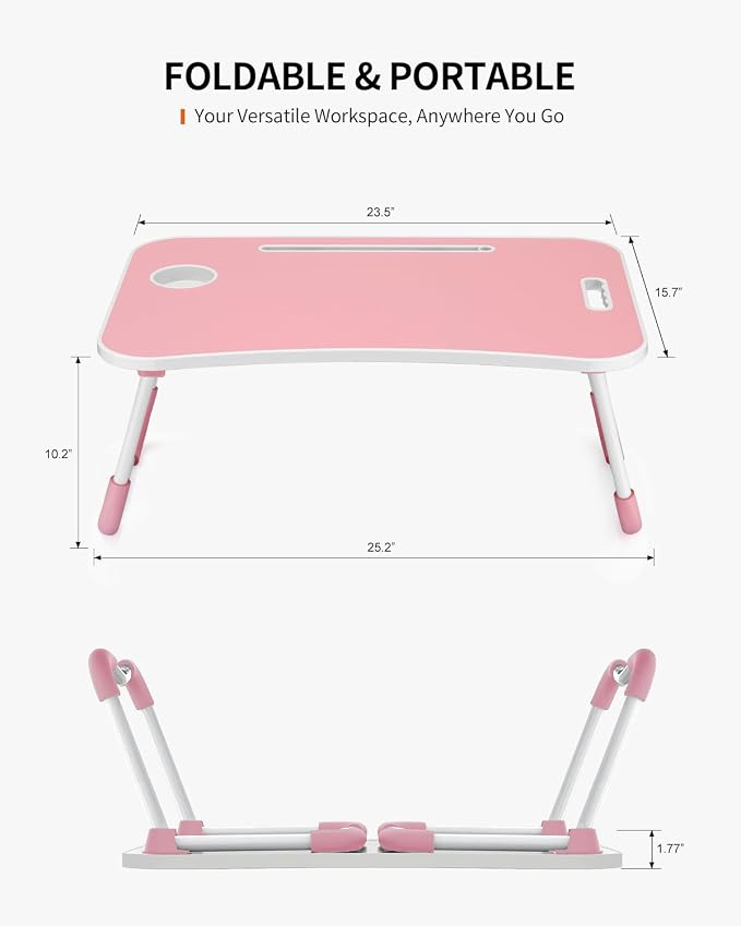 FISYOD Foldable Laptop Table, Portable Lap Desk Bed Table Tray, Laptop Stand with Cup Holder & Tablet Slot & Lifting Handle for Working Writing Drawing & Eating (Pink)