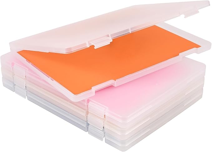 4 Pack A4 Frosted Paper Organizer Box,Project Scrapbook Paper Organizer Containers Portable File Storage with Tight Latch & Suspension Hole & Christmas Stickers for Art Supplies 8.5" x 11" US Letter
