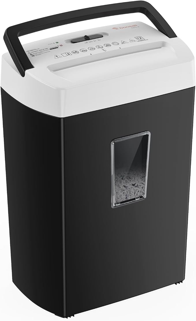 Bonsaii 12-Sheet Cross Cut Paper Shredder for Home Office, 5.5 Gal Bin | P-4 Heavy Duty Shredder for Paper, Credit Card, Mail, Staples, Transparent Window, Portable Paper Shredder for Home
