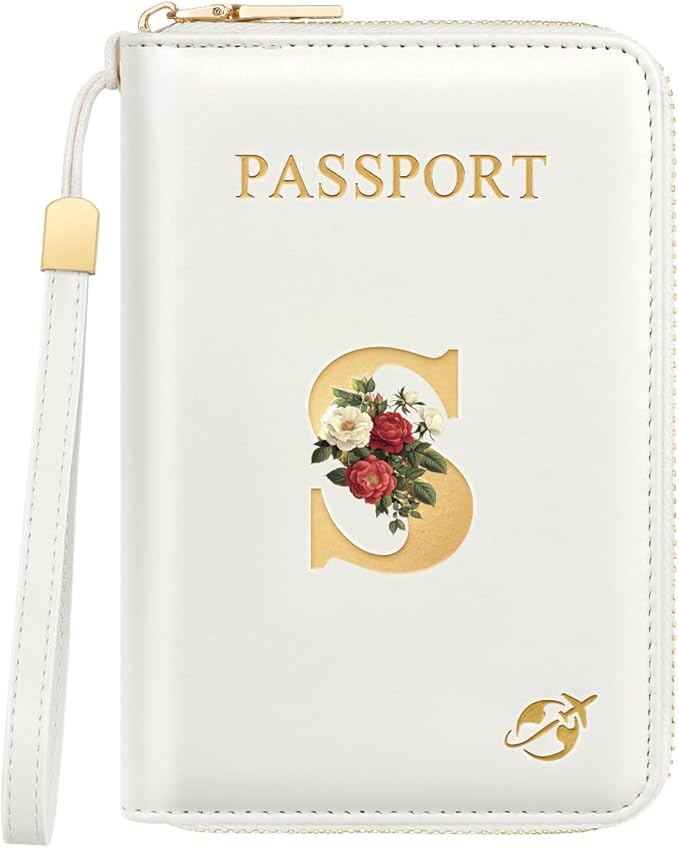 Passport Holder for Travel Personalized Wallet with Wristlet Women | All-in-One Passport Cover, RFID Blocking, Back Coin Pocket, Paper Money Slot, Zipper Closure, Roses Initial Letter, White S
