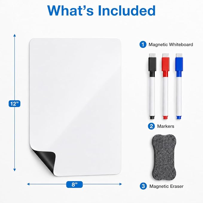 Magnetic Dry Erase Whiteboard 8"x12" for Fridge | Dry erase white board for fridge set with markers, eraser & magnets. Magnetic sheet sticks to fridge whiteboard