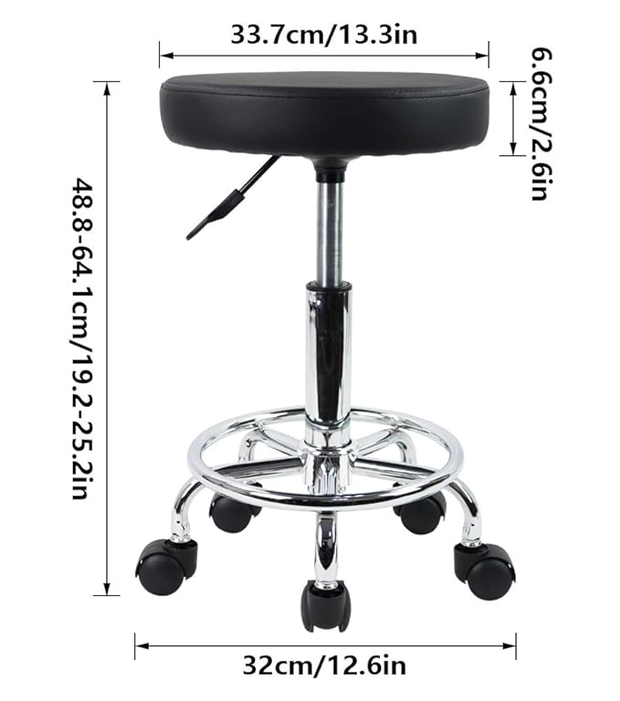 KKTONER PU Leather Round Rolling Stool with Foot Rest Swivel Height Adjustment Spa Drafting Salon Tattoo Work Office Massage Stools Task Chair Small (Black)