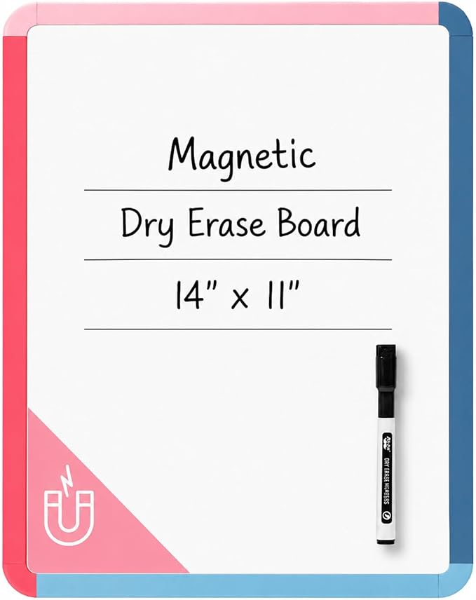 Mr. Pen- Dry Erase Board, 14” x 11” with a Black Dry Erase Marker | Pink Tide Frame, Small Mini White Board for Students, Fridge, Wall, Locker, Includes Double Sided Tapes