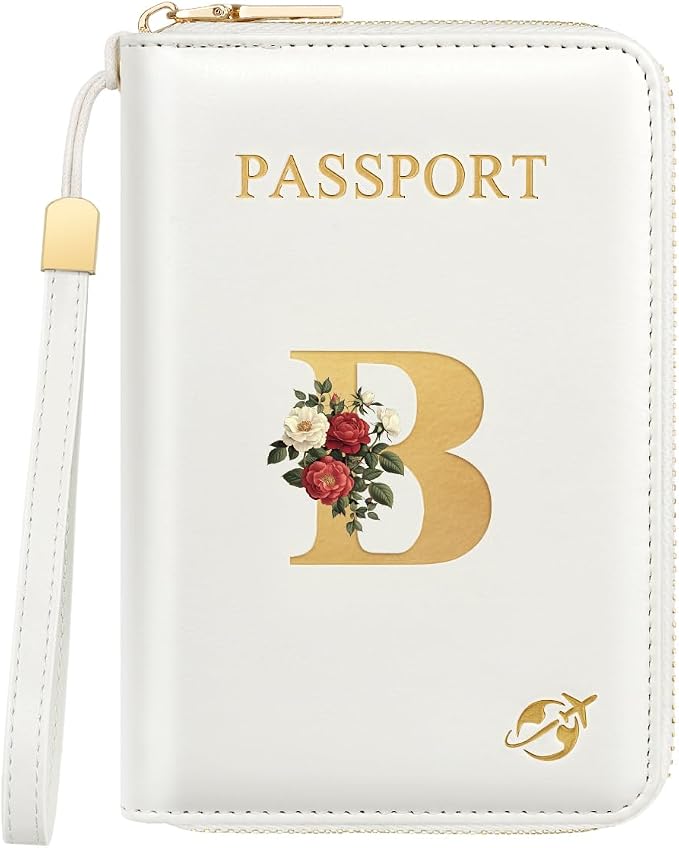Passport Holder for Travel Personalized Wallet with Wristlet Women | All-in-One Passport Cover, RFID Blocking, Back Coin Pocket, Paper Money Slot, Zipper Closure, Roses Initial Letter, White B