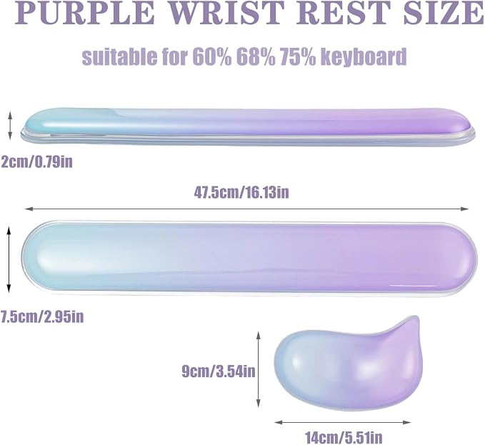 Gel Keyboard and Mouse Wrist Rest Set –Blue Purple Clear Wrist Rest for Computer Keyboard 60%/68%/75%, Comfort & Support for Typing and Gaming