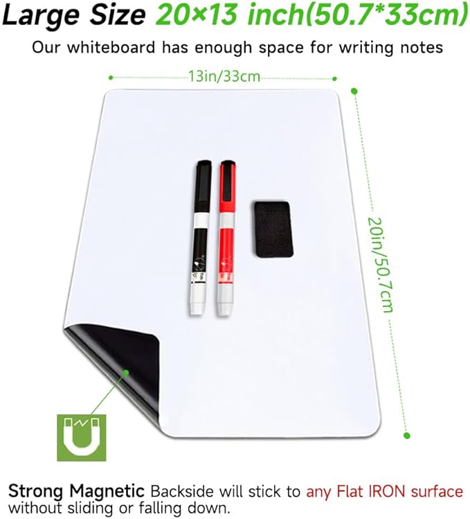Magnetic Dry Erase Board Fridge Whiteboard Sheet 20"x13" | Easy to Write & Clean, Flexible Refrigerator Magnet, Large White Board Planner for Home Kitchen, 2 Markers and Eraser