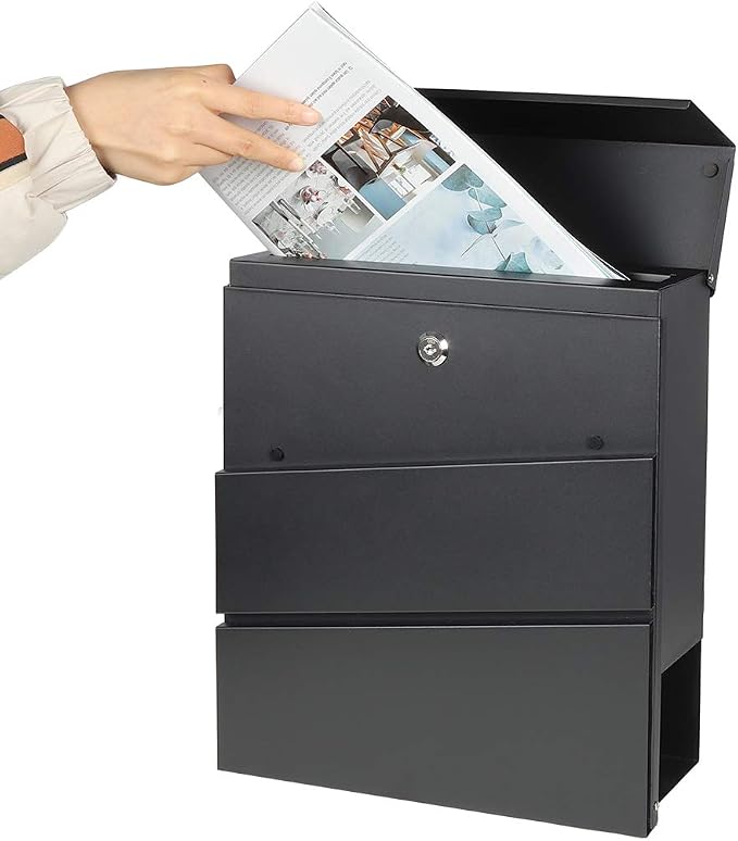 Decaller Large Capacity Mailbox with Key Lock, Wall Mount Metal Mail Box with Newspaper Compartment for Outside, 14.4" x 13" x 4.2", 932 Black
