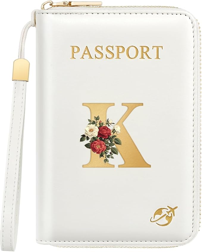 Passport Holder for Travel Personalized Wallet with Wristlet Women | All-in-One Passport Cover, RFID Blocking, Back Coin Pocket, Paper Money Slot, Zipper Closure, Roses Initial Letter, White K