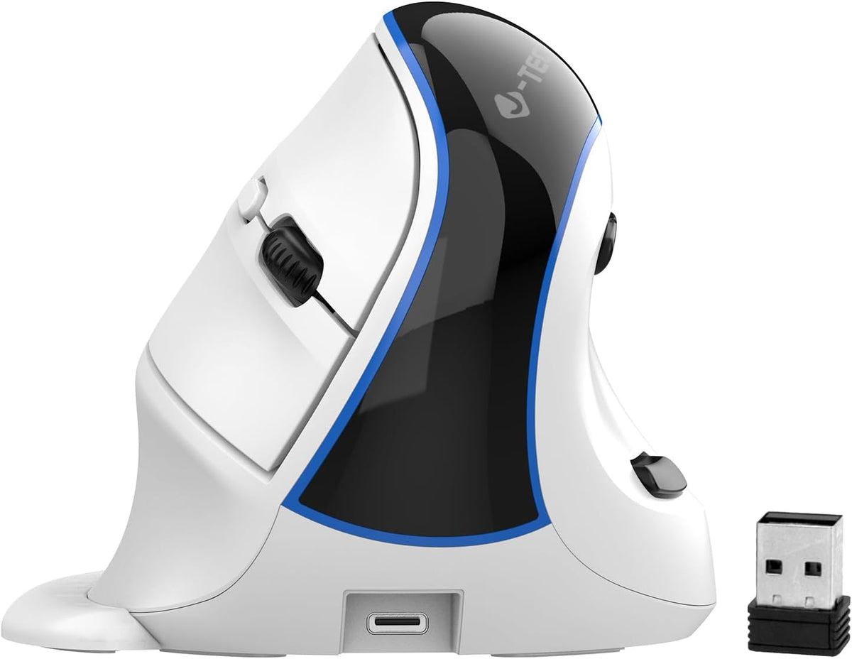J-Tech Digital Wireless Mouse, Vertical Ergonomic Mouse with Bluetooth Dual Modes + USB Dongle + Rechargeable w/ 2.4GHz Wireless + Adjustable DPI 3200 for Laptop, Desktop, PC, Mac [V638W], White