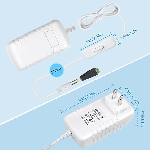 12V Power Supply, 12 Volt 3A 36W DC Power Supply with On Off Switch, White Switching LED Power Adapter, AC 110V to 12V Wall Wart Transformer Plug for LED Strip Lights with 5.5/2.1 DC Female Connector
