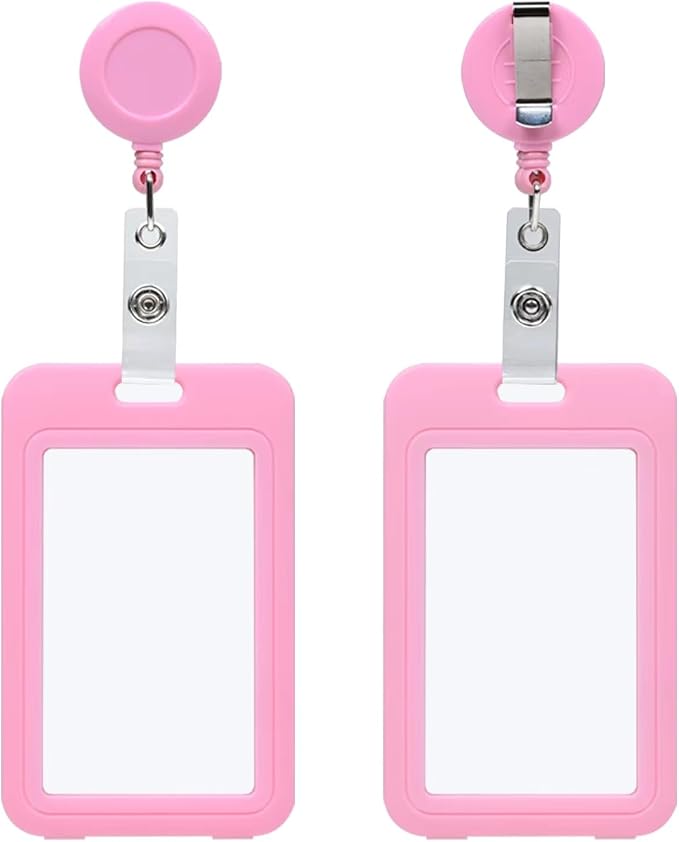 Pink Clear Double Sided Visualization Window Vertical Badge Holders with Retractable Round Reel Clips,Hard Plastic Protector for ID Name Card Girl Women