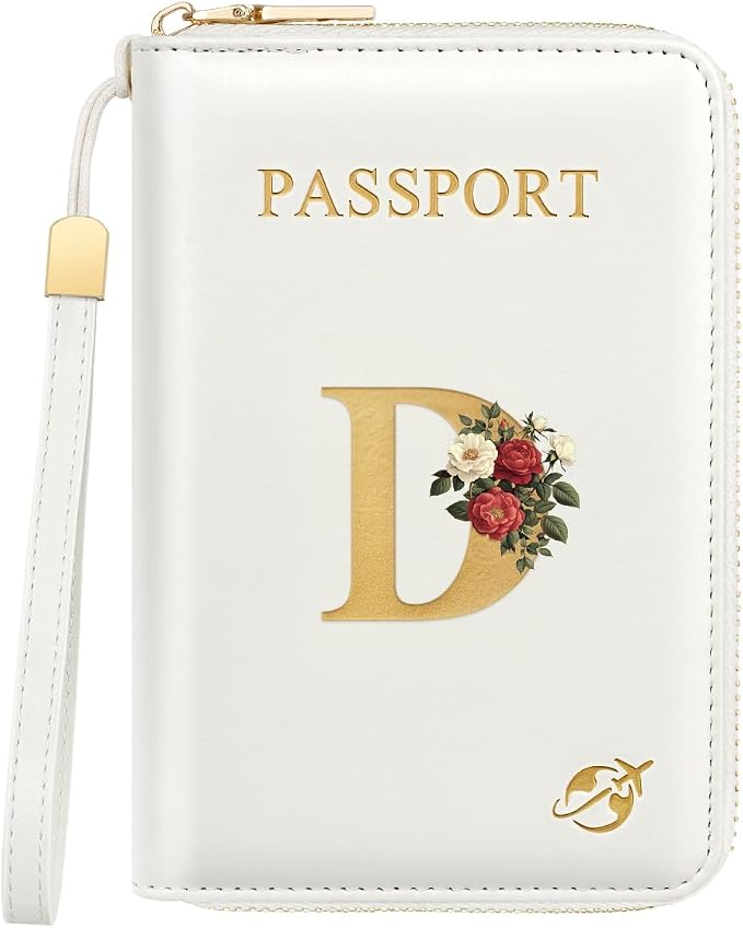 Passport Holder for Travel Personalized Wallet with Wristlet Women | All-in-One Passport Cover, RFID Blocking, Back Coin Pocket, Paper Money Slot, Zipper Closure, Roses Initial Letter, White D