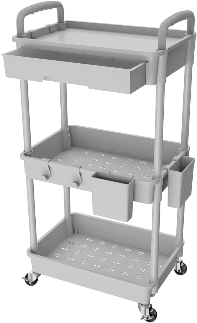3 Tier Rolling Utility Cart with Drawer,REBECAT Utility Cart Made of Multifunctional Storage Organizer Tool for Kitchen,Bathroom,Living Room,Office(Gray)