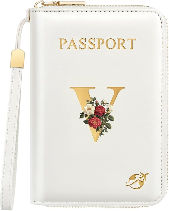 Passport Holder for Travel Personalized Wallet with Wristlet Women | All-in-One Passport Cover, RFID Blocking, Back Coin Pocket, Paper Money Slot, Zipper Closure, Roses Initial Letter, White V