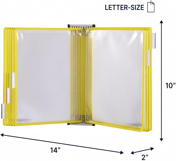 Tarifold Wall Mount Reference System, 10 Pockets, Expandable, Yellow | 10 double-sided PVC pockets hold 20 letter-size sheets, sturdy wall-mount bracket, snap-on index tabs, easy to install