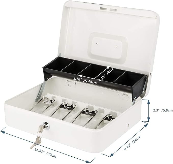 KYODOLED Locking Cash Box with Lock,Money Box with Cash Tray,Lock Safe Box with Key,Money Saving Organizer,11.81Lx 9.45Wx 3.54H Inches,White XL Large