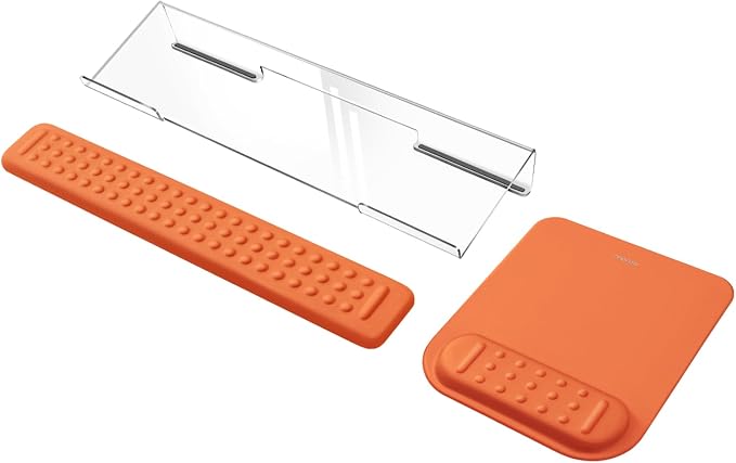 MOSISO Keyboard Stand&Wrist Rest Support for Keyboard &Mouse Pad Set | Ergonomic Massage Wrist Rest Set, Easy Typing Working Acrylic Clear Stand for Office Home, Cosmic Orange