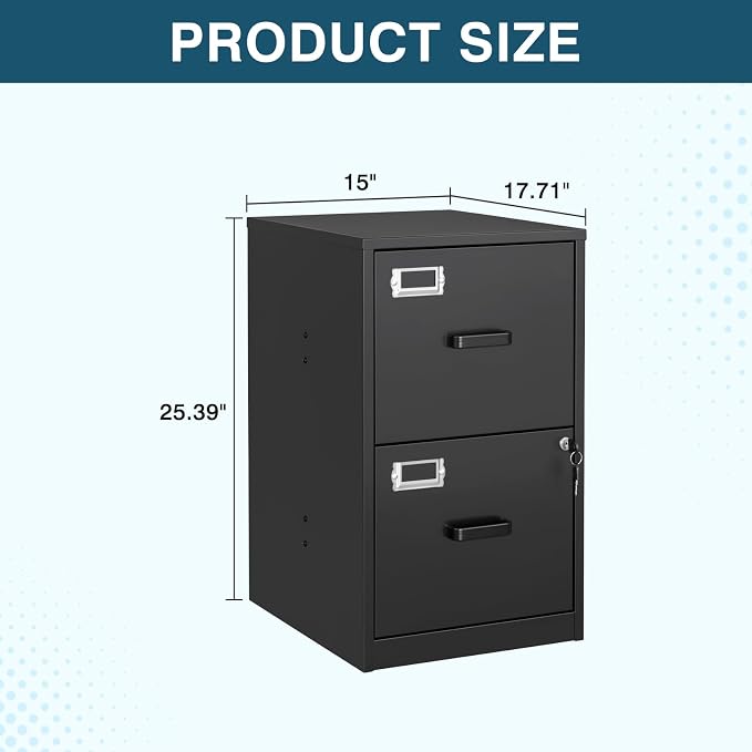 MIIIKO 2 Drawer Filing Cabinet with Lock, Metal Vertical File Cabinets for Home Office, Lockable File Storage Cabinets Under Desk, Letter/A4 File Folders Storage(Assembly Required)