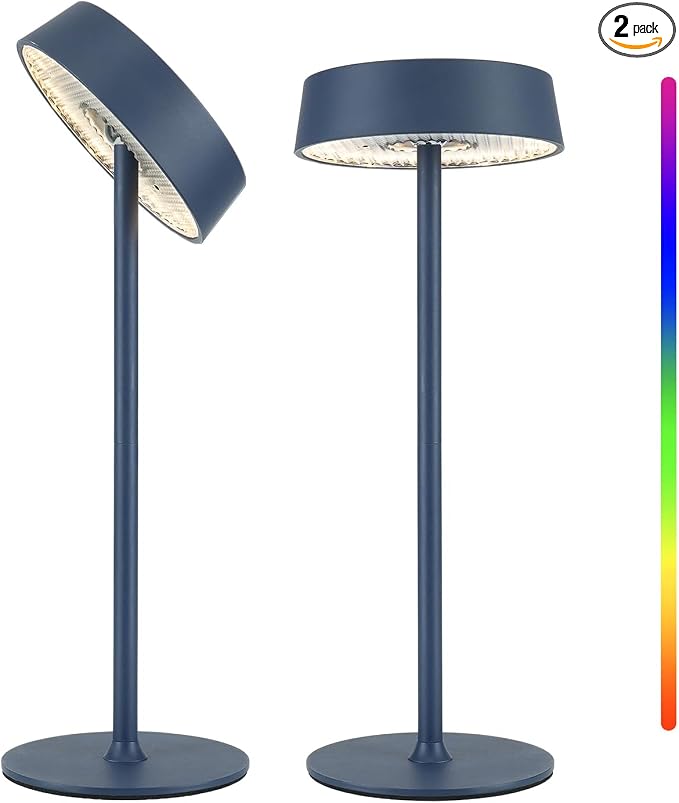 EZVALO Cordless Lamp, Rechargeable Table Lamp, Battery Operated | Portable Outdoor Waterproof, 3 Color Temps RGB, Dimmable Touch Control, LED Memory Function, Restaurant Dining Patio Blue2Pcs